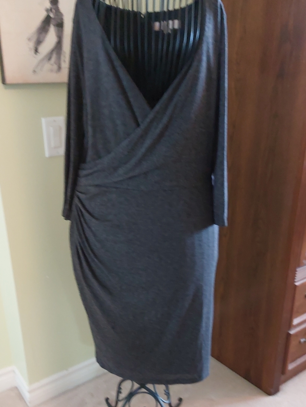 LOFT Charcoal Grey Faux-Wrap Long Sleeve Midi Dress